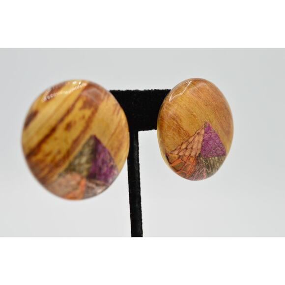Vintage Round Earrings Handcrafted Lacquered Wood Reptile Snake Print NOS 80s 9D - Picture 5 of 9